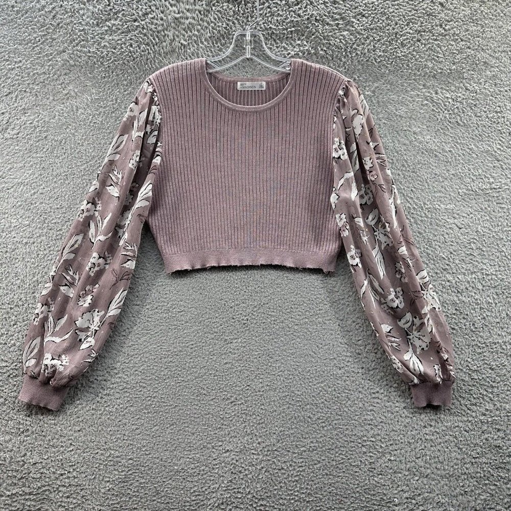 89th & Madison Blouse Women's Large Mauve Sheer Floral Print‎ Sleeve Cropped Top